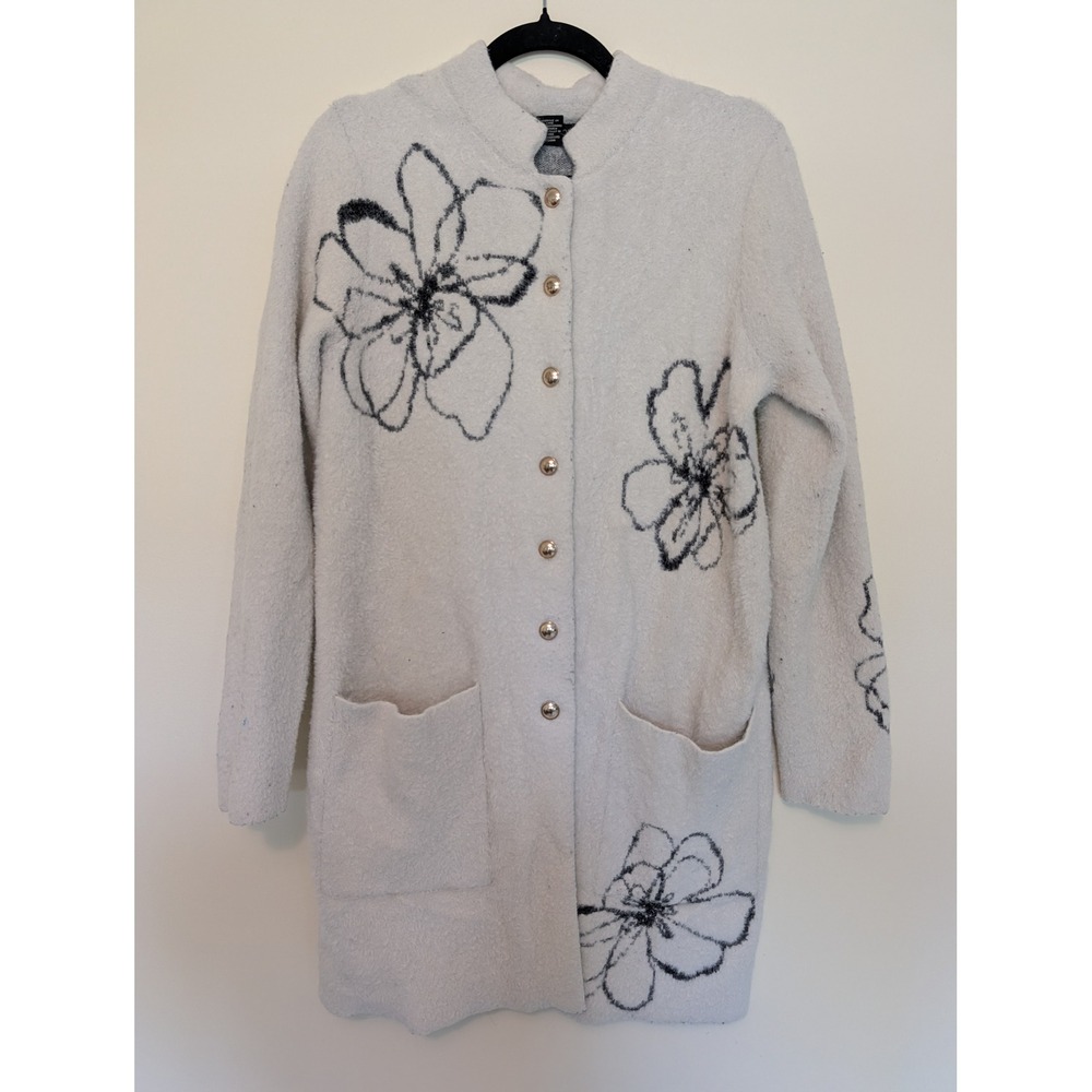 Rachel Zoe Fuzzy Knit Floral Long Cardigan Sweater Coat Womens M Cream Coatigan